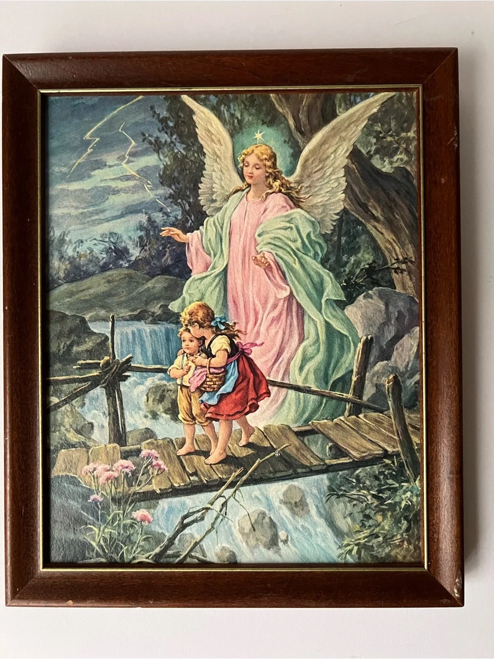 Guardian Angel Vintage Art Print - Pink & Mint Green